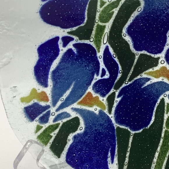 Peggy Karr Hand Fused Glass Bowl Featuring Blue Irises - Picture 4 of 13